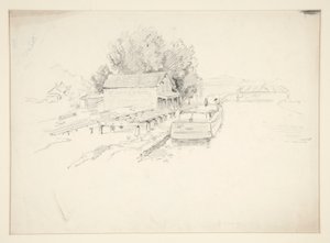 Schets van een pier, met vissersboot en dokwinkel door Edwin Austin Abbey