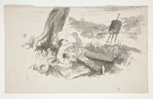 Schets van een plein-air schilder die een dutje doet onder een boom - niet-geïdentificeerde illustratie door Edwin Austin Abbey