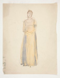 Schets van een vrouw (gekleed in geel) - kostuumstudie voor een toneelstuk? door Edwin Austin Abbey