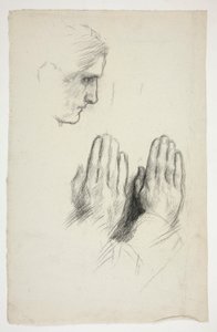 Schets van een jonge man in profiel; schets van twee sets handen in gebed door Edwin Austin Abbey