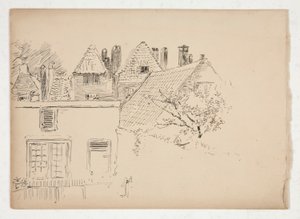 Schets van een exterieur: gebouwen en boom