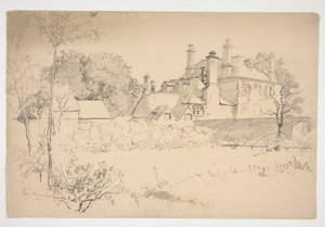 Schets van een exterieur: tuin, muur en groot Victoriaans huis