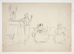 Schets van een interieur: man leest voor, vrouwen breien - niet-geïdentificeerde illustratie door Edwin Austin Abbey