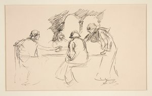 Schets van vier mannen in middeleeuwse kleding aan een tafel - niet-geïdentificeerde illustratie, mogelijk voor door Edwin Austin Abbey
