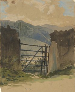 Stenen muur en poort, schets door Edwin Austin Abbey