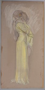 Studie, vrouw in gele jurk met bruine sluier over gezicht door Edwin Austin Abbey