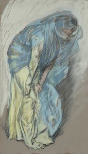 Studie voor vrouw in gele jurk met blauwe sluier