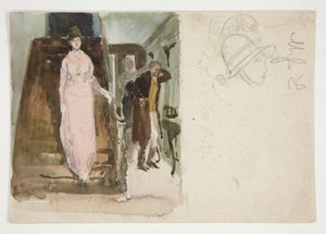 Studie van een Interieur: Koppel Bereidt zich voor om te Vertrekken voor de Avond door Edwin Austin Abbey