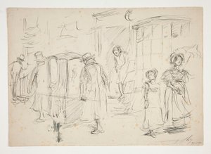Studie van een straatscène met draagstoel door Edwin Austin Abbey