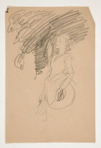Studie van een vrouw in XVIII eeuws kostuum die haar hoed vasthoudt door Edwin Austin Abbey