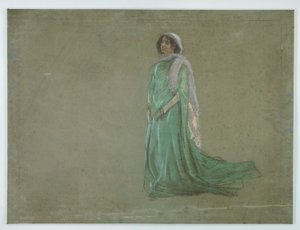 Studie, vrouw in lange groene jurk, roze sjaal door Edwin Austin Abbey