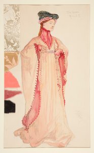 De Koningin (in roze), kostuumschets voor Henry Irving