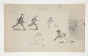 Drie studies (mannen met paarden, studie van hoofd) (recto); Zes studies van rennende figuren, studie van een klokkentoren (verso)