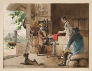 Drie mannen in een stoffenwinkel - dorpswinkel, Dolbyville door Edwin Austin Abbey