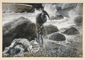 Trinculo en Caliban, illustratie voor Act II, Scene ii, The Tempest door Edwin Austin Abbey