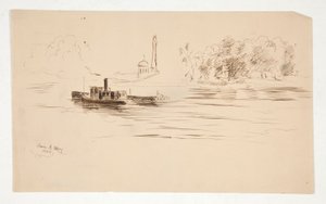 Sleepboot die een Schuit op de Rivier Duwt door Edwin Austin Abbey