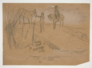Twee mannen en twee paarden in een landschap - niet-geïdentificeerde illustratie door Edwin Austin Abbey