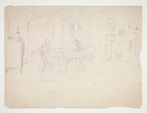 Twee mannen aan tafel in een interieur door Edwin Austin Abbey