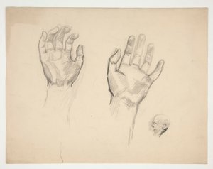 Twee schetsen: schets van twee handen; schets van een oude man in profiel door Edwin Austin Abbey