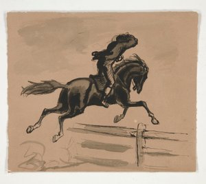 Ongeïdentificeerde illustratie van een ruiter die over een hek springt (recto); Figurenstudie van een oude man (verso)