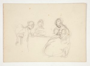 Ongedefinieerde illustratie - Studie van figuren aan een tafel. Zittende man op de achterkant. door Edwin Austin Abbey