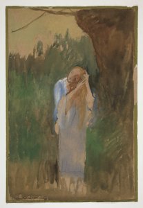 Vrouw in landschap, kamt haar lange, blonde haar - (onbekende illustratie) door Edwin Austin Abbey