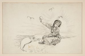 Vrouw op strand met boek, schets voor The Lay of the Lobster door Edwin Austin Abbey