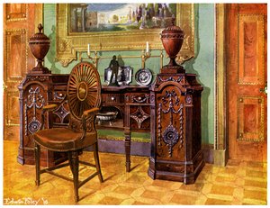 Gesneden mahoniehouten sokkelbuffet en ovale wielrug meesterstoel, 1911-1912