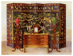 Gebogen commode tafel en Chinese gelakte achtvoudige scherm, 1911-1912