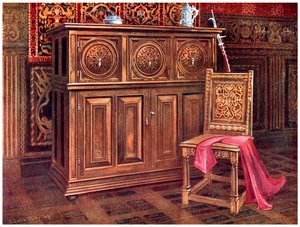 Eiken kabinet en walnoten stoel, 1910 door Edwin Foley