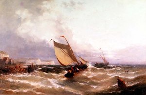 Vissersboten voor een kustlijn door Edwin Hayes