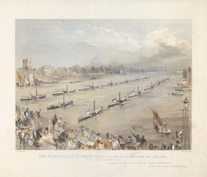 De vloot van de stadsstoomschepen die in recensieorde voorbij Chalsea varen tijdens de jaarlijkse herdenking van Londen door Edwin Jewitt