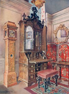 Een Groep Vroege Achttiende-eeuwse Meubels. Walnoten Kabinet-Top Schrijftafel. Ingelegd Esdoorn (