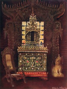 Aziatisch meubilair uit de collectie van Lord Curzon van Kedleston, G.C.S.I., D.C.L., enz. Birmaanse gesneden en vergulde deur uit Mandalay. Boeddhistisch manuscriptdoos (Poongyi) en schrijn (Sadaik) van hout
