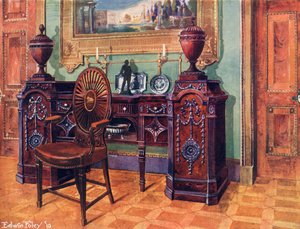 Gesneden mahoniehouten voetstuk dressoir. Ovale wielrug Meesterstoel