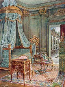 Gesneden en vergulde gedrapeerde koepelbed. Bureau-Toilette (of Petit Secretaire) in marqueterie. Cartonnier in groene lak door Edwin John Foley
