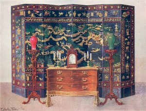 Gebogen Commode Tafel--Chippendale onder Franse Invloed. Ingegraveerd en Verhoogd Gelakt Achtvoudig Scherm--Chinees door Edwin John Foley