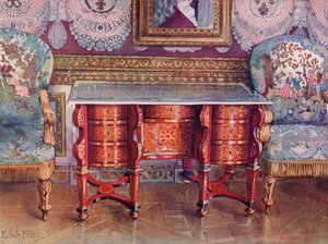 Schrijftafel met Knieholte in Rode Schildpad en Lak Stalen Top. Boulle. Vergulde Fauteuils, Bekleed met Tapijt door Edwin John Foley
