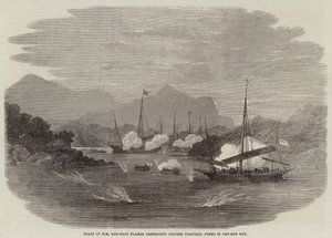Boten van HM kanonneerboot Flamer vernietigen Chinese piratenjonken in Cho-Kee Bay