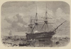 HMS Agamemnon, 91 kanonnen, het Engelse deel van de Atlantische onderzeese kabel laden in East Greenwich