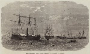 Hare Majesteits Schip Majestic houdt de stoomrammen in de Mersey in de gaten door Edwin Weedon