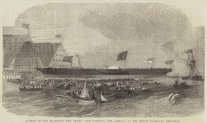 Te water laten van Hare Majesteits Nieuwe Jacht, De Victoria en Albert, bij de Koninklijke Scheepswerf, Pembroke