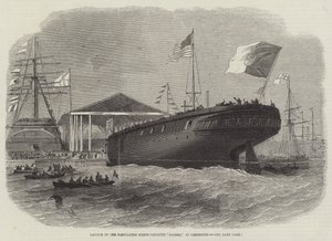Te water laten van de Portugese Schroefkorvet Sagres, in Limehouse door Edwin Weedon