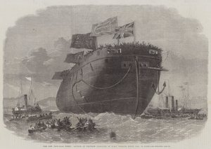 De nieuwe ijzeren vloot, lancering bij Chatham Dockyard van HMS Fregat Royal Oak, 50 kanonnen door Edwin Weedon