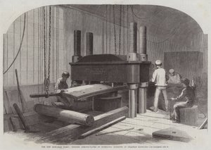 De nieuwe ijzeren vloot, bepantseringsplaten buigen door hydraulische druk in Chatham Dockyard