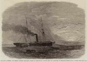 De oorlog in Amerika, de federale stoomboot Chesapeake, in beslag genomen door de Confederates, bemanning en passagiers aan land gezet bij Musquash Harbour, Bay of Fundy door Edwin Weedon