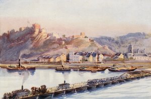 De Rijn: Ehrenbreitstein, De brug van boten (kleur litho)