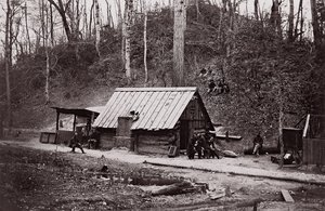 Een Union Station aan de James River opgericht voor het winnen van buskruit uit de Confederatie, 1864