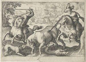 Landschap met jacht op stieren door Egbert Jansz.