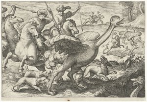 Landschap met struisvogeljacht door Egbert Jansz.